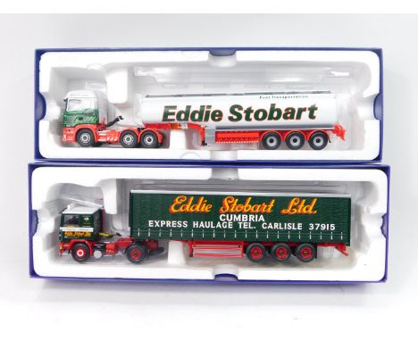 Corgi die cast 1:50 scale lorries, Scania CC13775 fuel tanker and CC15508 Volvo curtain side, boxed. (2)