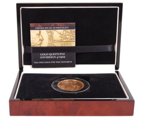 A 1902 Edward VII 22ct gold quintuple sovereign. Portrait of King Edward VII facing right. Last Quintuple sovereign ever issu