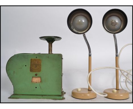 A retro mid century green set of grocers scales by Kitway together with a pair of 1970's beige gooseneck anglepoise desk lamp
