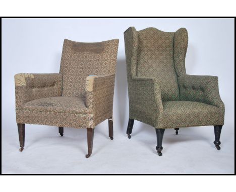 A Victorian wingback armchair being raised on turned legs with ceramic castors together with an Edwardian ladies armchair ( n