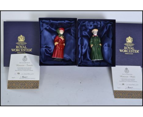A pair of Royal Worcester connoisseur collection candle snuffers entitled Motorist, both male and female versions, complete i