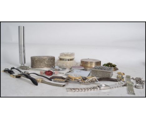 A collection of vintage watches to include Dila watch along with a group of vintage compacts and trinket boxes. Measures: 17c