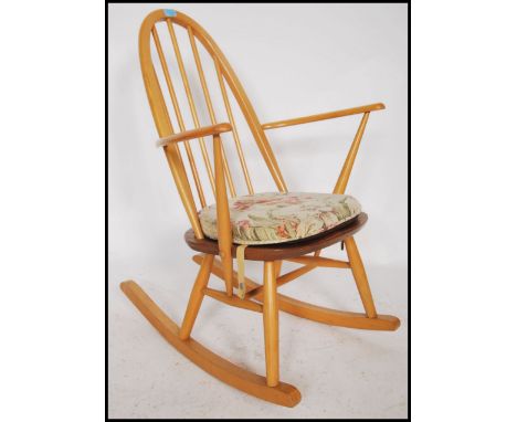 A vintage 20th century Ercol Golden Dawn beech and elm wood Windsor / Quaker pattern rocking chair / armchair raised on sleig