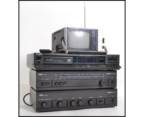 A retro 20th century A & R Cambridge Amp and matching receiver together with Philips CD player and a Realistic mini portable 