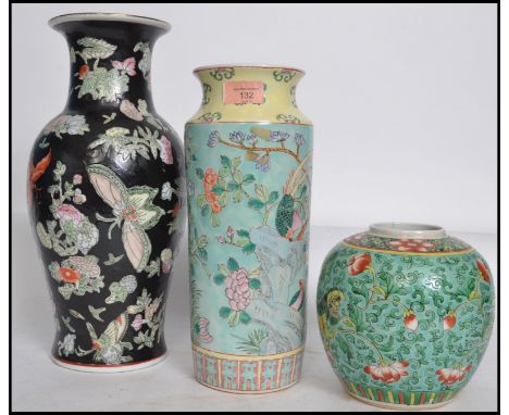 Three pieces of 20th century Chinese ceramic vases each of a different colourways. Measures: 36cm wide. 