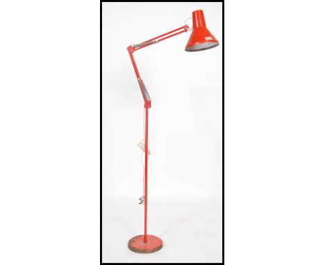 A mid century retro anglepoise floor standing desk lamp marked ICHF Denmark. The terraced base in red with pendant shade. Mea