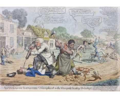 Anti-Dandy Infantry Triumphant or the Velocipede Cavalry Unhobby'd.  A horizontal format mounted, framed and glazed hand-colo