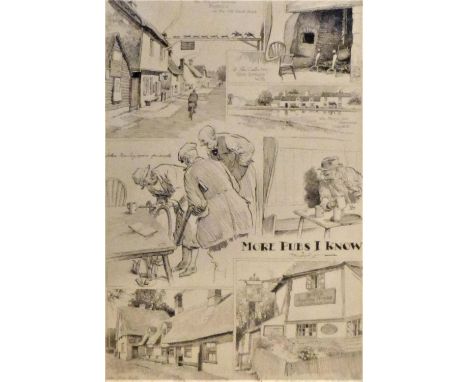 Frank (Pat) Patterson.  A pen and ink depiction 'More Pubs I Know' being six vignette images in a portrait format, signed bel