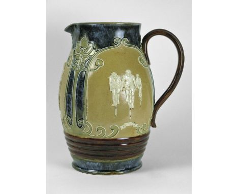 Cycling Pitcher by Doulton of Lambeth having three appliqué depictions of cyclists in different guises: Military, Path and Ro