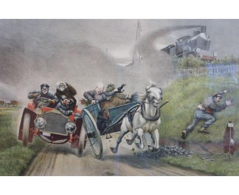 Rene Choquet (1872-1958) Un Match Inattendu.  A coloured lithographic print showing a dramatic early 20th Century race betwee