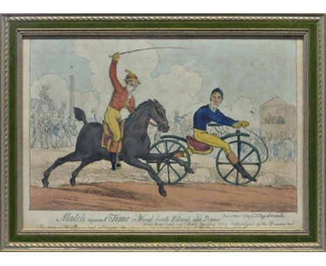 Match Against Time or Wood Beats Blood and Bone.  A horizontal format framed and glazed hand-coloured print published by T. T