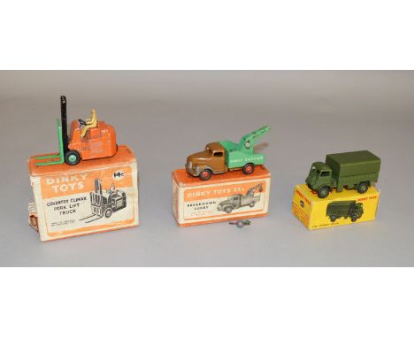 Three boxed Dinky Toys diecast models, 14c Coventry Climax Fork Lift and 25x Breakdown Lorry both F, both models lack stringi