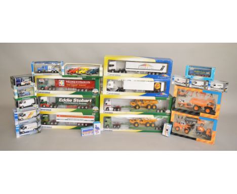 7 1:50 scale boxed trucks and 2 construction vehicle sets plus 14 other models including miniature "Pepsi" in tins and a Cara