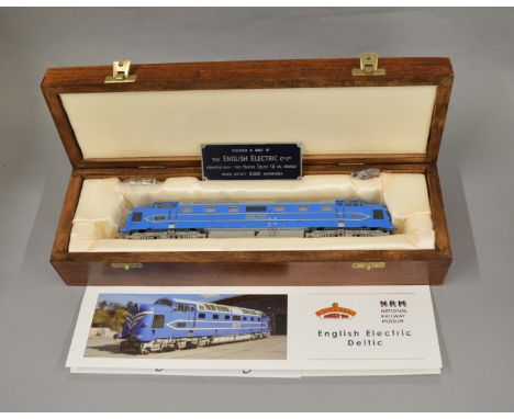 OO Gauge. A Bachmann Deltic model housed in a 'National Railways Museum' wooden, satin lined box together with metal 'Designe