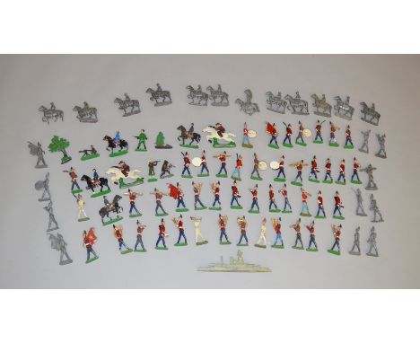 A quantity of unboxed lead soldier and other figures including painted lead soldier figures, some marching, some playing inst