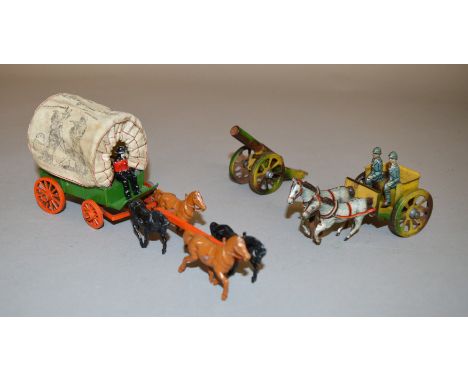 An unboxed vintage Morestone  Horse Drawn Wagon, in green with orange wheels, two brown, two black horses, driver figure and 