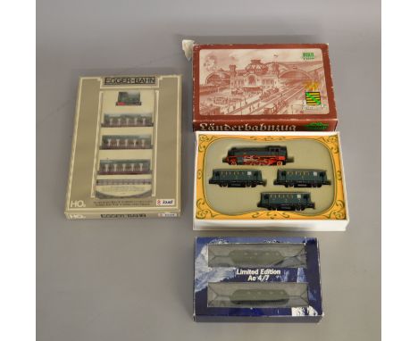 HO/HOe Gauge. Three boxed Locomotive sets, Piko Old Timer containing a 2-6-2 Loco in green '1831' together with three Passeng