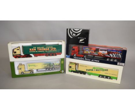 4 boxed 1:50 scale diecast mode trucks by Eligor, NewRay and others together with a boxed Eligor Iveco 'All Blacks' Tractor U