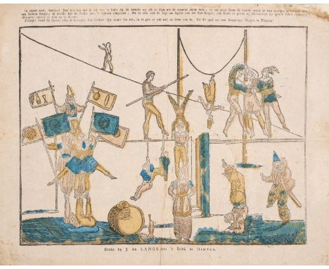 Circus.- Acrobats.- de Lange (Jan) Circus scene with acrobats, musicians and tightrope walkers, woodcut with early hand-colou