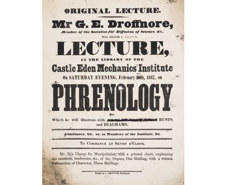 Phrenology.- Mr G.E. Droffnore...Will Deliver a Lecture, in the Library of the Castle Eden Mechanics' Institute...on Phrenolo