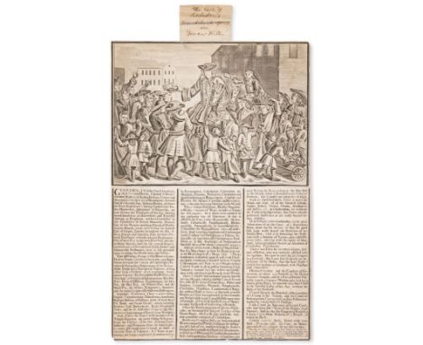 Quack in London.- [Harrison (Thomas)] [Broadside satirising a quack doctor in London, with street scene of a crowd of people 