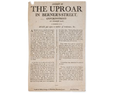 Hoax.- False prophets.- Jennings (Printed and sold by) Account of the Uproar in Berner's-Street Oxford-Street on Tuesday last