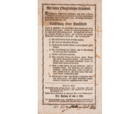 Magic.- Herr Galliver, Eleve des Herrn Comus von Paris...eine Vorstellung seiner Kunstücke sowohl in physischen als algebrais