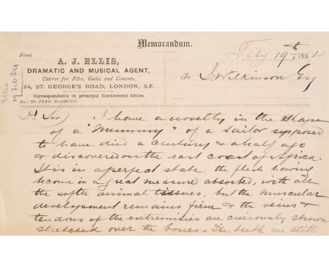 Ellis (A.J., dramatic and musical agent) Autograph Letter signed to J. Wilkinson Esq., 2pp., on headed paper, 128 x 204mm., 1