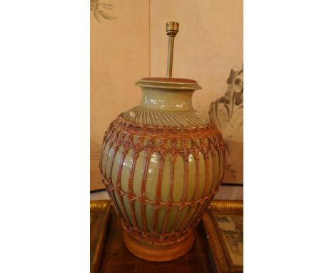 A large Chinese wicker bound celadon vase converted to lamp 