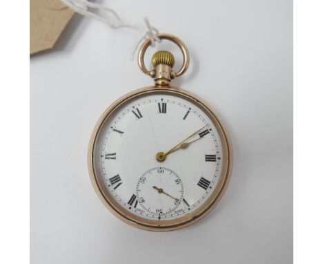 A 9ct yellow gold pocket watch, Birmingham 1924 with a white enamel dial and black Roman numerals, Dial dia: 45mm, Second sub