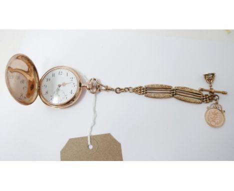 A 14ct yellow gold pocket watch by the International Watch Company, 1905, Swiss movement, engine-turned case, white enamel di