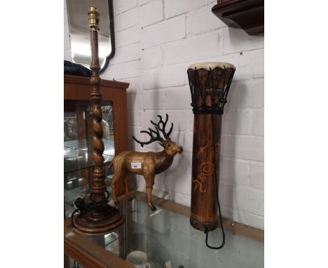 Barley twist table lamp, stag figure together with African drum.. 