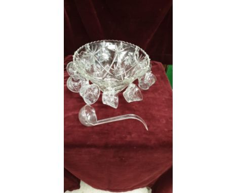 Large Crystal Punch Bowl With Punch Cups And Ladle 