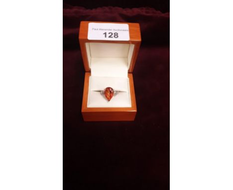 Large Pear Shaped Reddish Orange Stone Ring Marked 925 