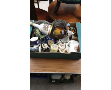 Box Of Collectables To Include Decanter, Crested Candlesticks Trinket Boxes ect 