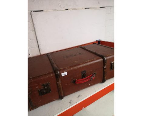 Vintage wooden bound travel trunk. 