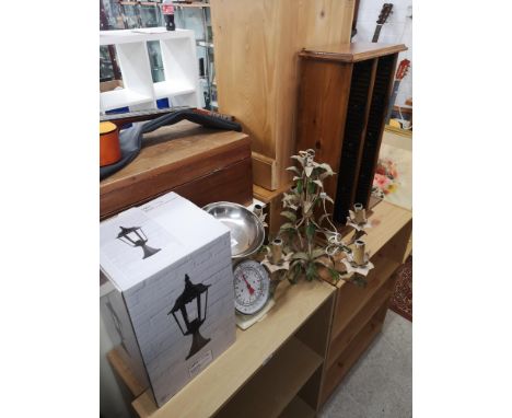 Lot of miscellaneous to include scales, ceiling light cd rack etc. 