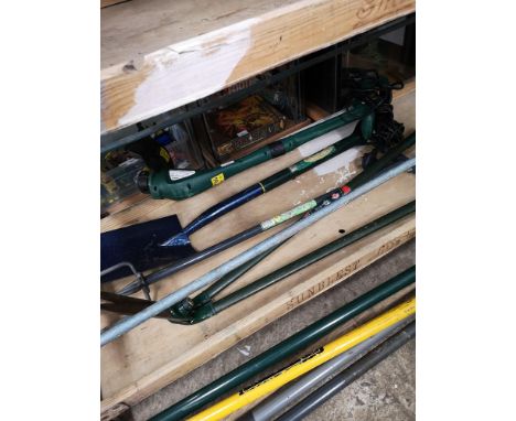 Lot of gardening tools includes electric strimmer. 