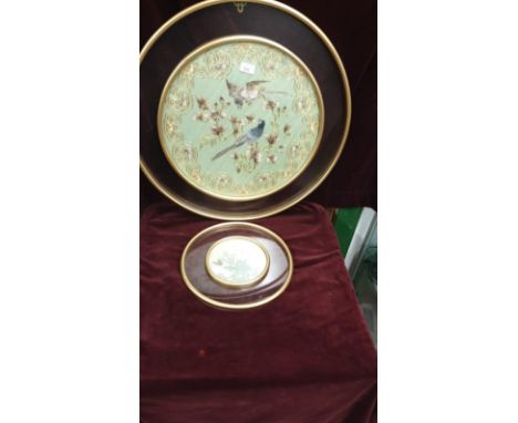 2 Oriental Round Pictures 1 is Tapestry Other is Painting On Woven Material In Deco Style Frames. 