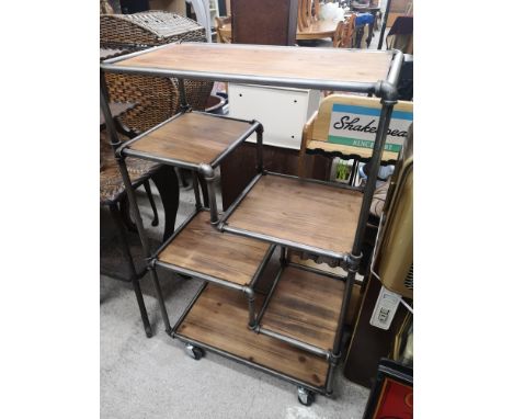 Retro pipe work trolley cabinet with fitted wooden shelfs. 