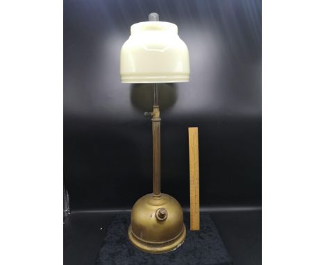 Large vintage Tilley brass lamp table model with glass shading. 