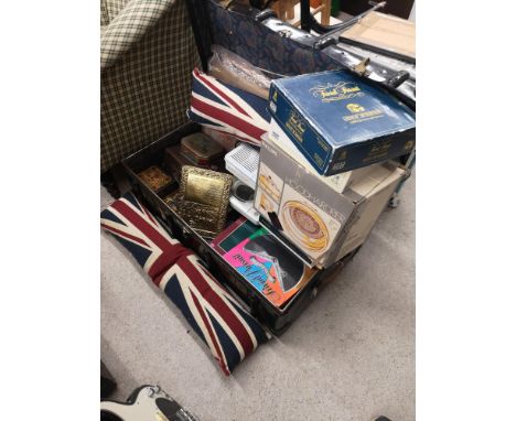 Large wooden bounded trunk with contents. 