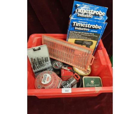 Box Of Assorted Tools Timing Strobe, Drill Bits ect 