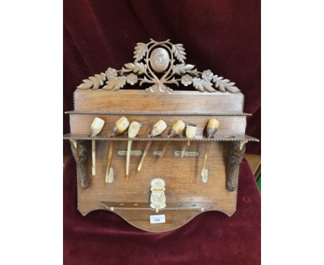 Antique Possibly Black Forest Pipe Stand With Carved Head Supports And Carved Bone Pot And Carved Bone Oriental Inlays. 