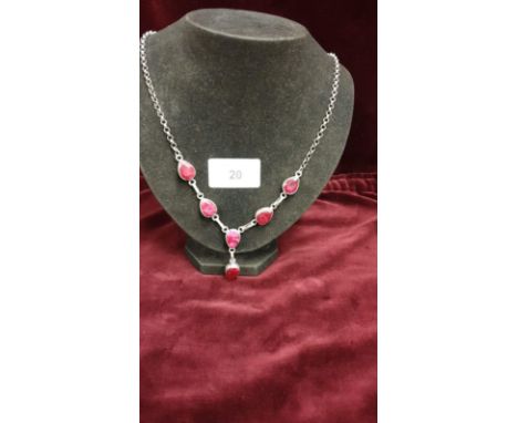 Vintage Silver Necklace With 6 Rough Pear Shaped Ruby Coloured Stones 21 Inches 23g 