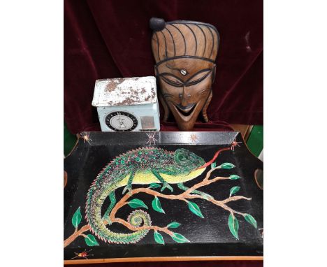 Large carved tray, vintage scales together with African wooden wall mask. 