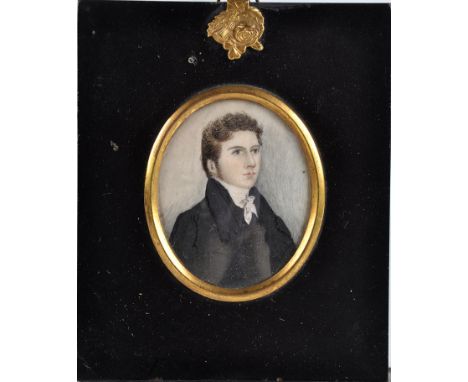 Attributed to Daniel Orme
(19th Century)
A MINIATURE BUST PORTRAIT OF A YOUNG MAN WEARING A BLACK COAT AND A WHITE STOCK
body