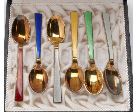 Six Norwegian enamel and silver gilt coffee spoons, stamped Th. Marthinsen, Sterling, Norway, in velvet lined case.