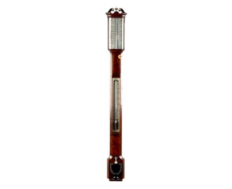 An early 19th Century mahogany bowfront stick barometer, Banks, 441 Strand, London, the swan neck pediment centred by ivory u