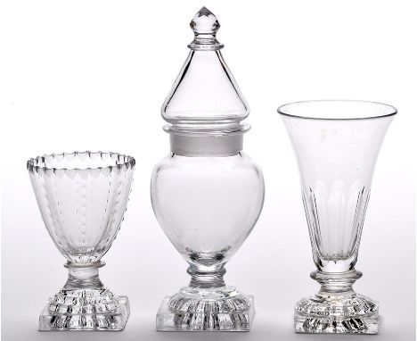 Syllabub glass, salt and vase and cover, each with lemon squeezer bases, early/mid 19th Century, the tallest height 17.5cms. 